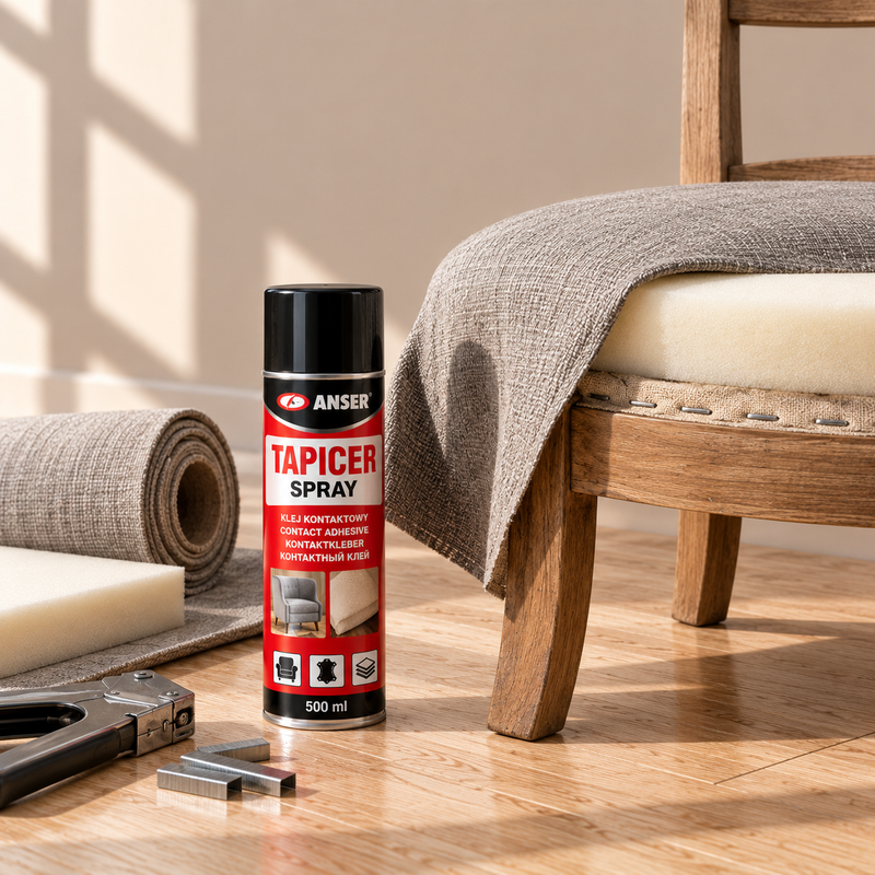 Apmušėjo kampas: pusiau apmušta kėdės sėdynė, porolonas, kabių pistoletas ir Tapicer Spray balionėlis