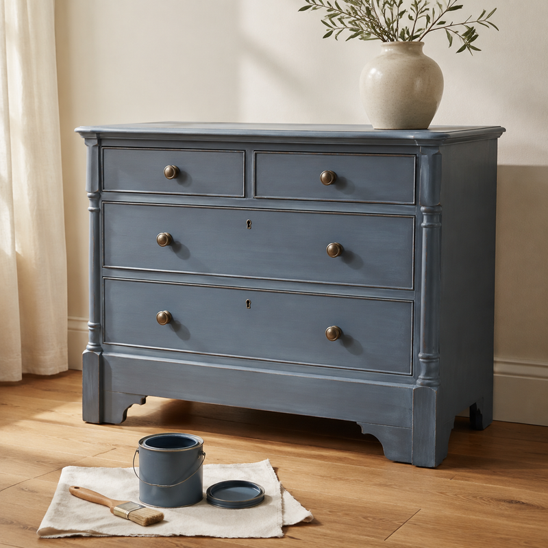 Denim Blue spalvos Laumela kreidiniais dažais perdažyta spintelė