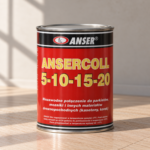 „Ansercoll 5-10-15-20“ parketo klijų 1,1 kg skardinė ant šviesių ąžuolinių grindų