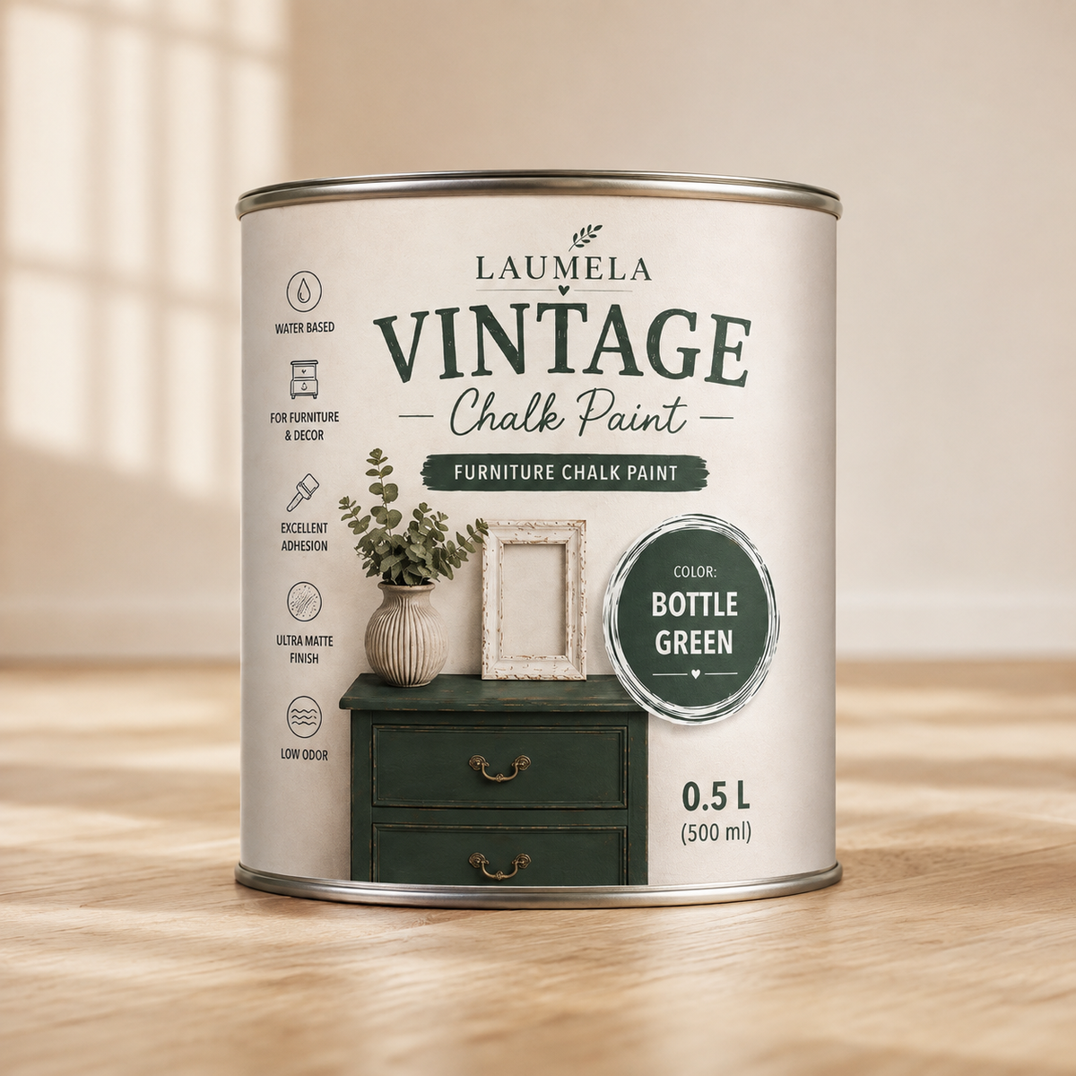 „Laumela Vintage“ kreidinių dažų 500 ml skardinė, spalva Bottle Green