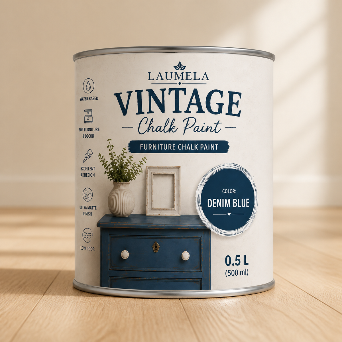 „Laumela Vintage“ kreidinių dažų 500 ml skardinė, spalva Denim Blue