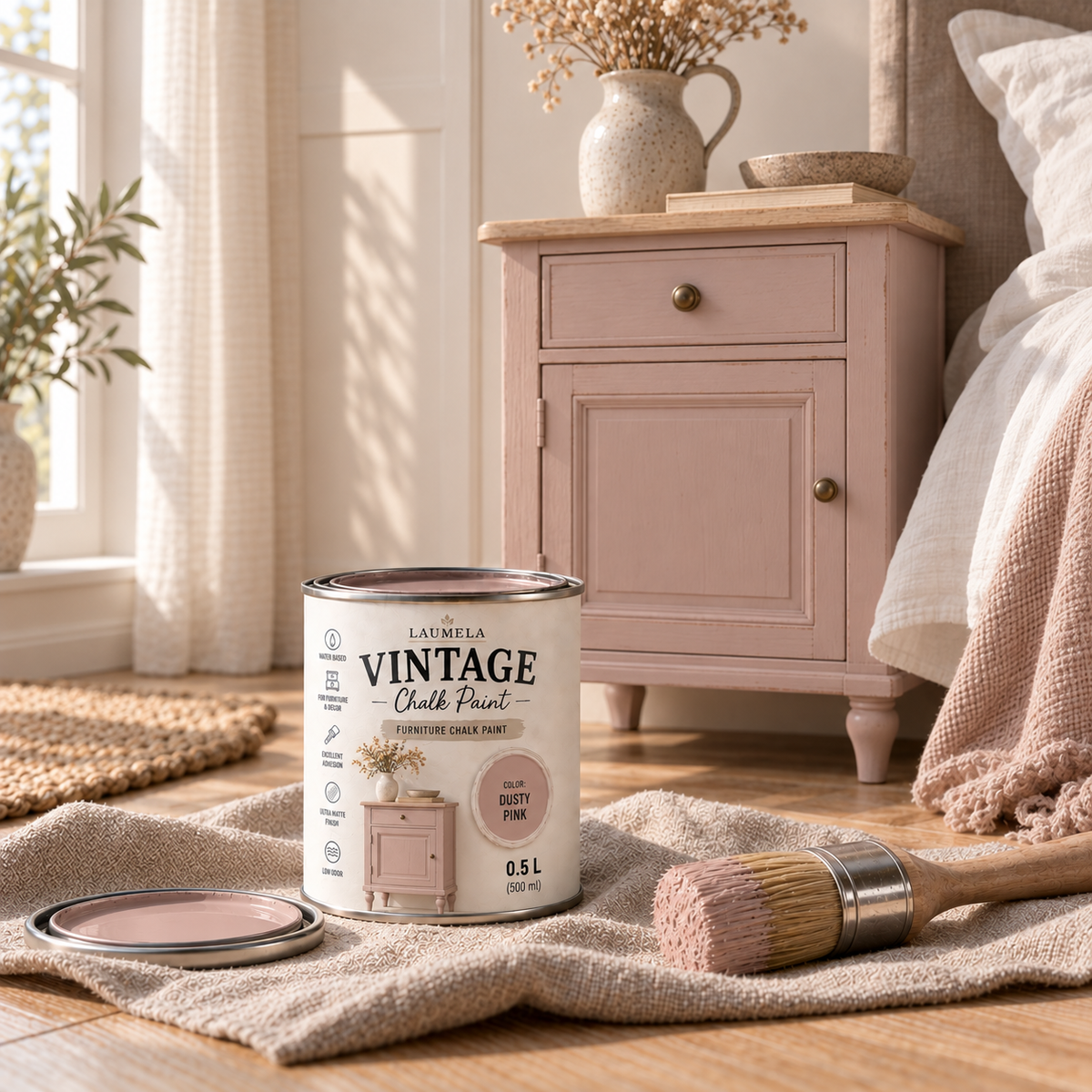 Laumela Vintage Dusty Pink spalva perdažyta naktinė spintelė