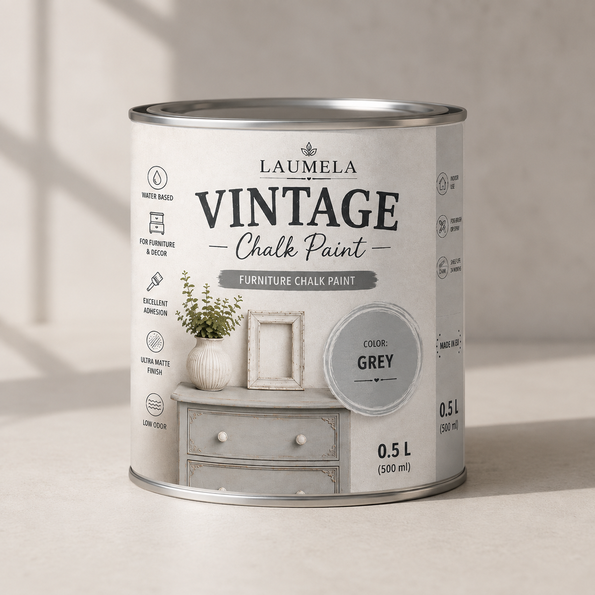 „Laumela Vintage“ kreidinių dažų 500 ml skardinė, spalva Grey