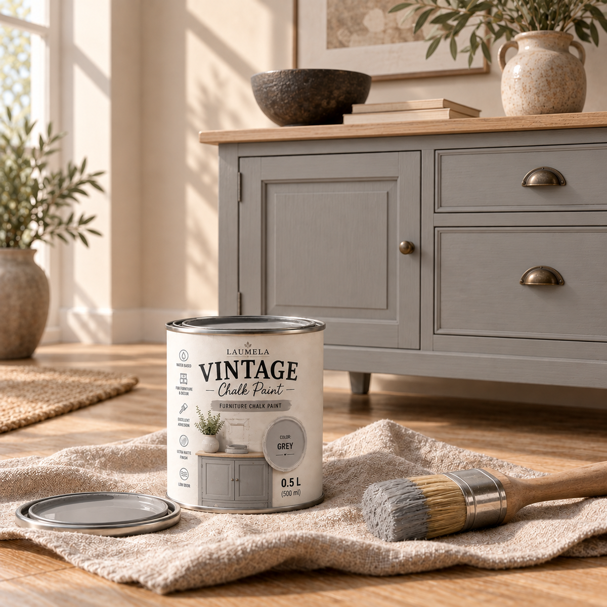 Laumela Vintage Grey spalva perdažytas bufetas su ąžuoliniu viršumi