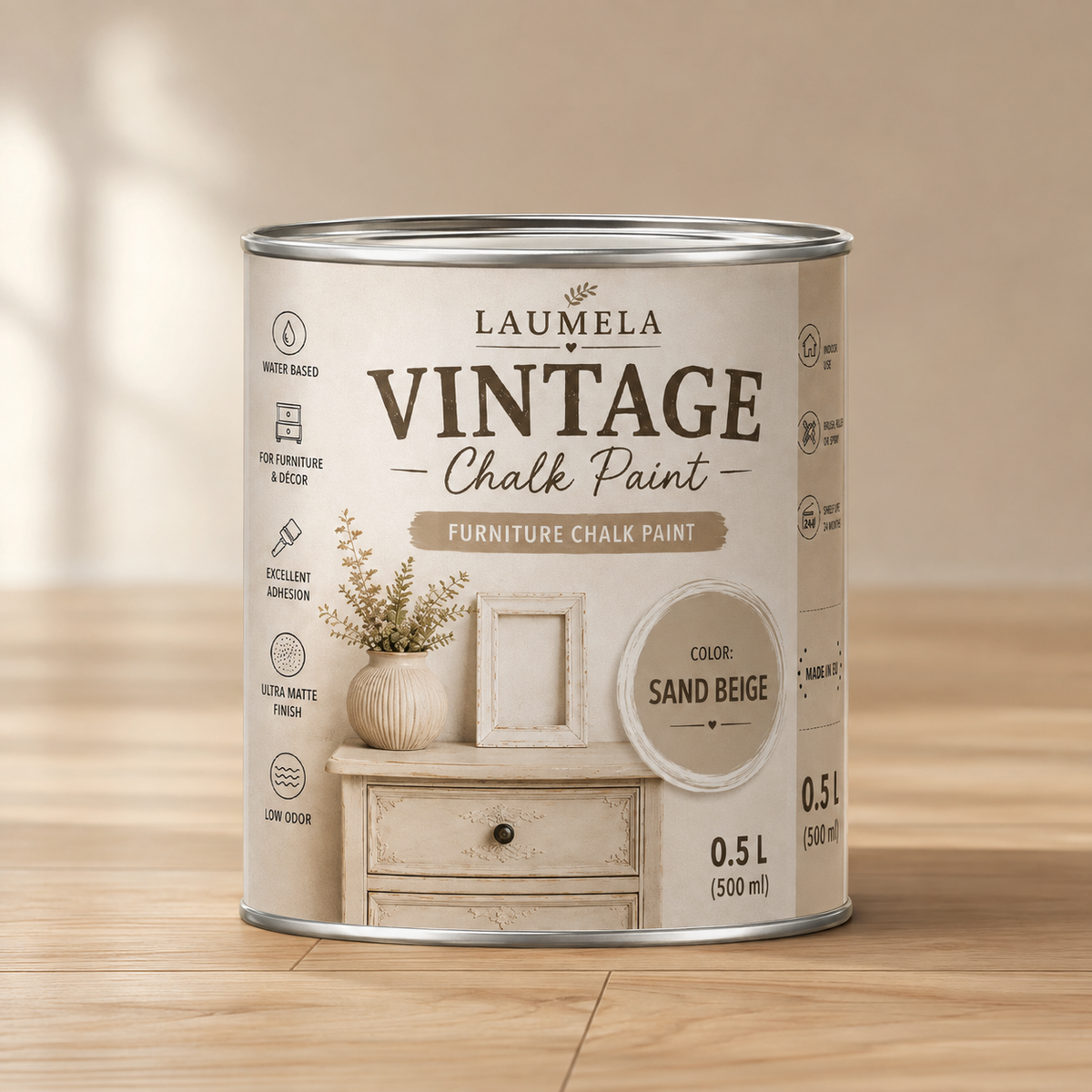 „Laumela Vintage“ kreidinių dažų 500 ml skardinė, spalva Sand Beige