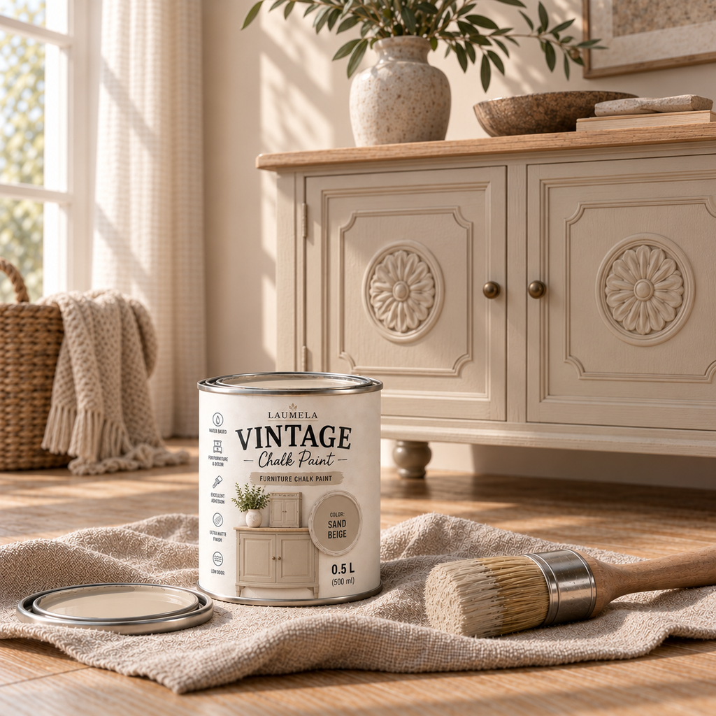 Laumela Vintage Sand Beige spalva perdažytas bufetas raižytomis durelėmis