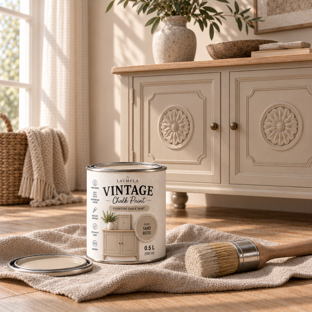 Laumela Vintage Sand Beige spalva perdažytas bufetas raižytomis durelėmis