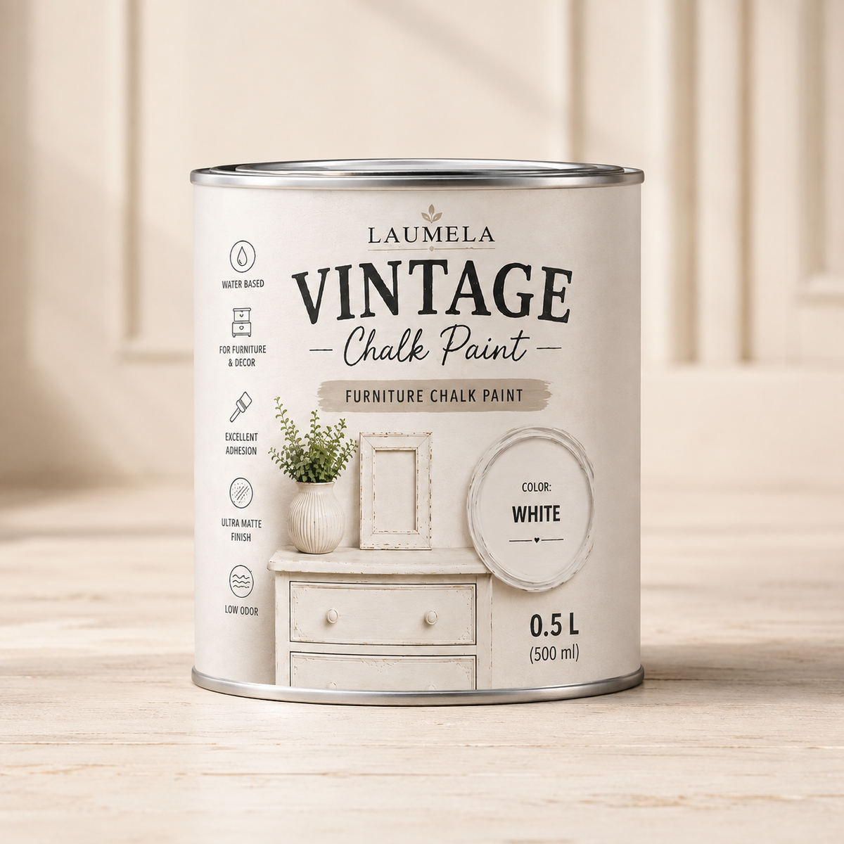 „Laumela Vintage“ kreidinių dažų 500 ml skardinė, spalva White