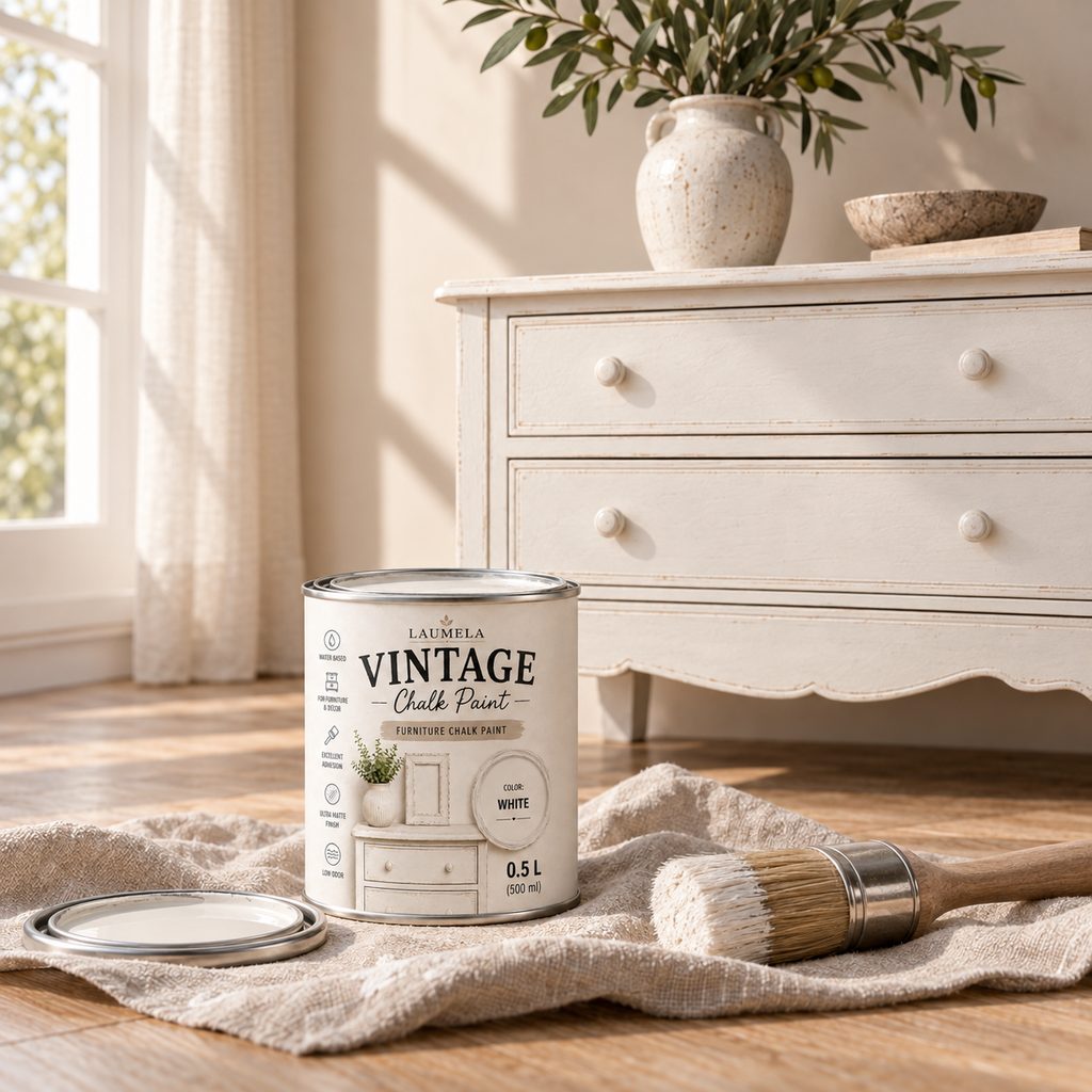 Laumela Vintage White spalva perdažyta komoda