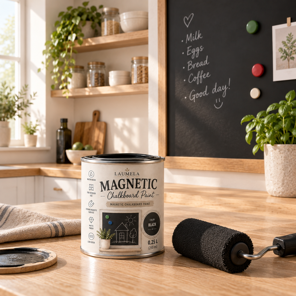 Magnetinė kreidinės lentos siena virtuvėje ir „Laumela“ magnetinių dažų 0,25 l skardinė