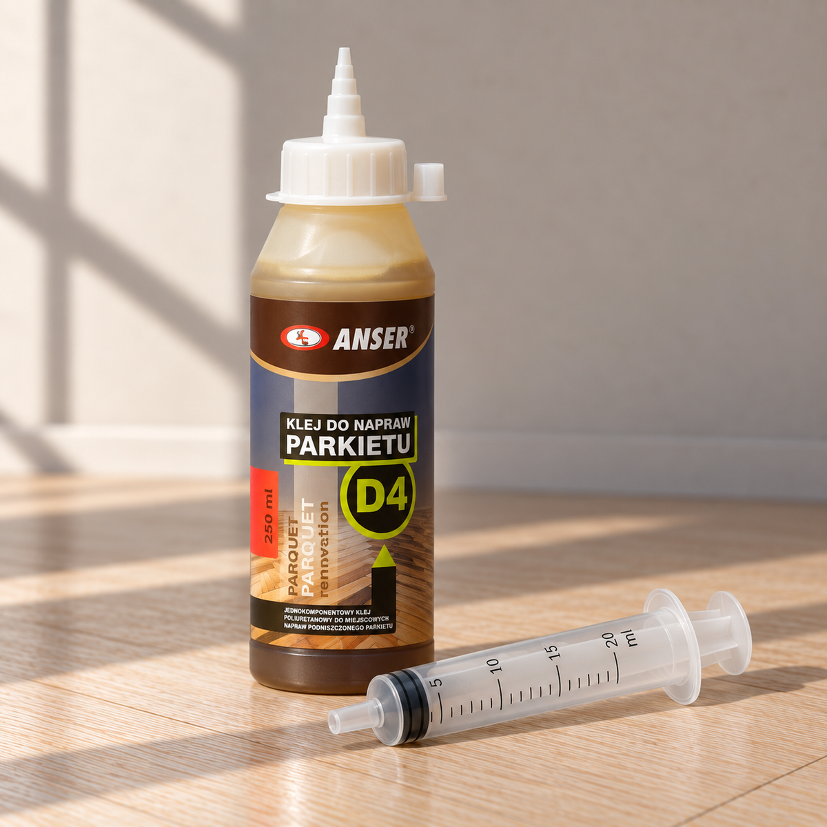 PUR D4 parketo remonto klijai su komplekte esančiu 20 ml švirkštu