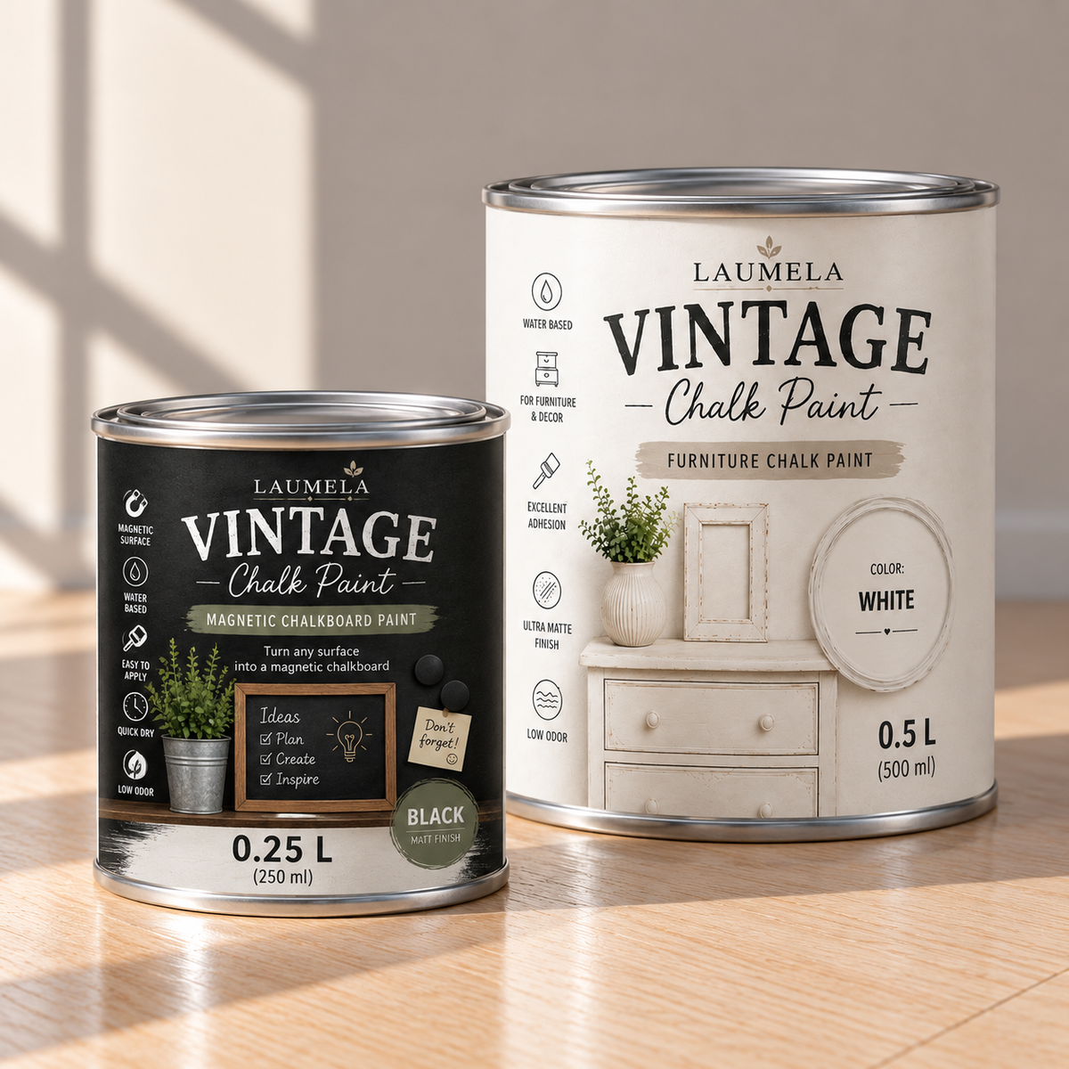 Vaikų kambario rinkinys: „Laumela“ magnetiniai kreidinės lentos dažai 0,25 l ir balti „Vintage“ 0,5 l