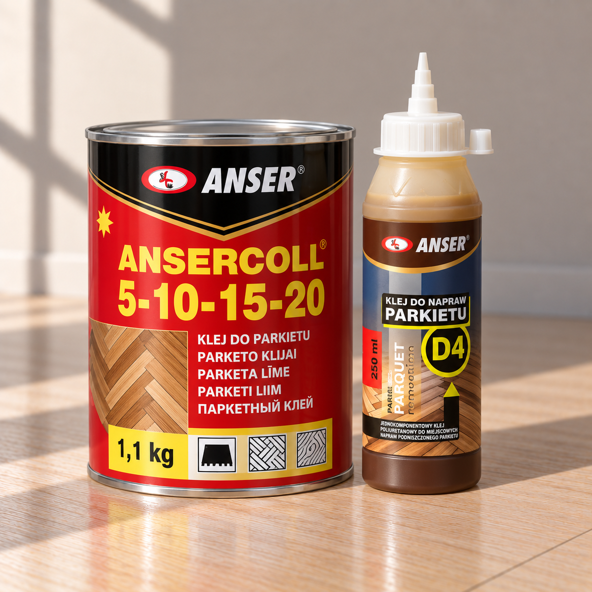 Parketo rinkinys: „Ansercoll 5-10-15-20“ 1,1 kg skardinė ir PUR D4 remonto klijų buteliukas