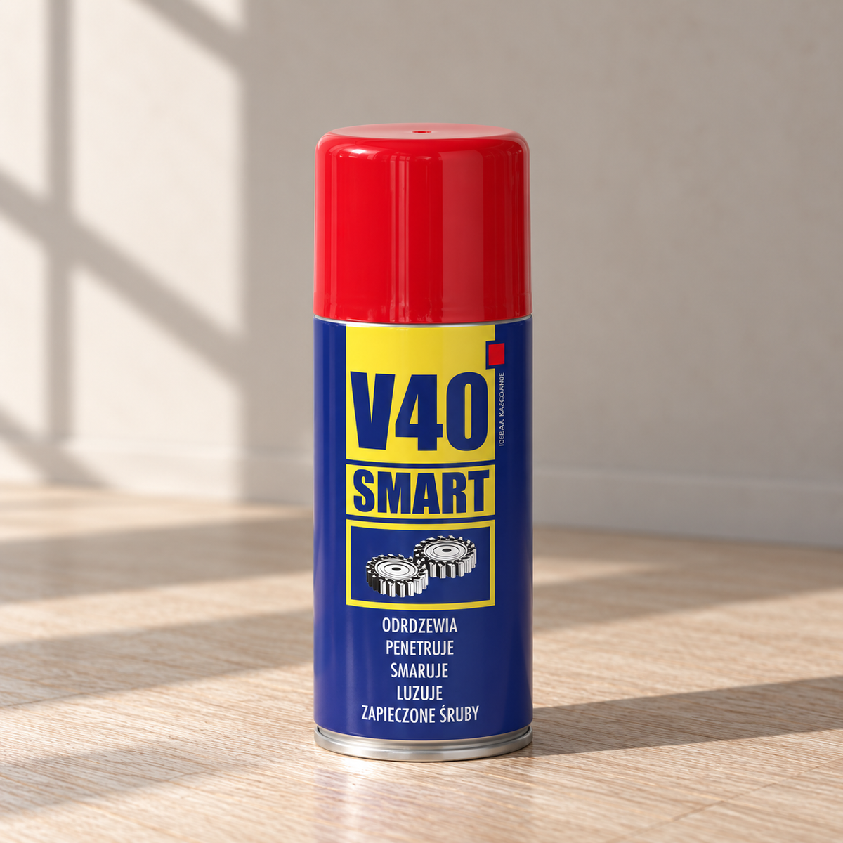 Universalaus aerozolio „Smart 40“ 150 ml balionėlis ant šviesių ąžuolinių grindų